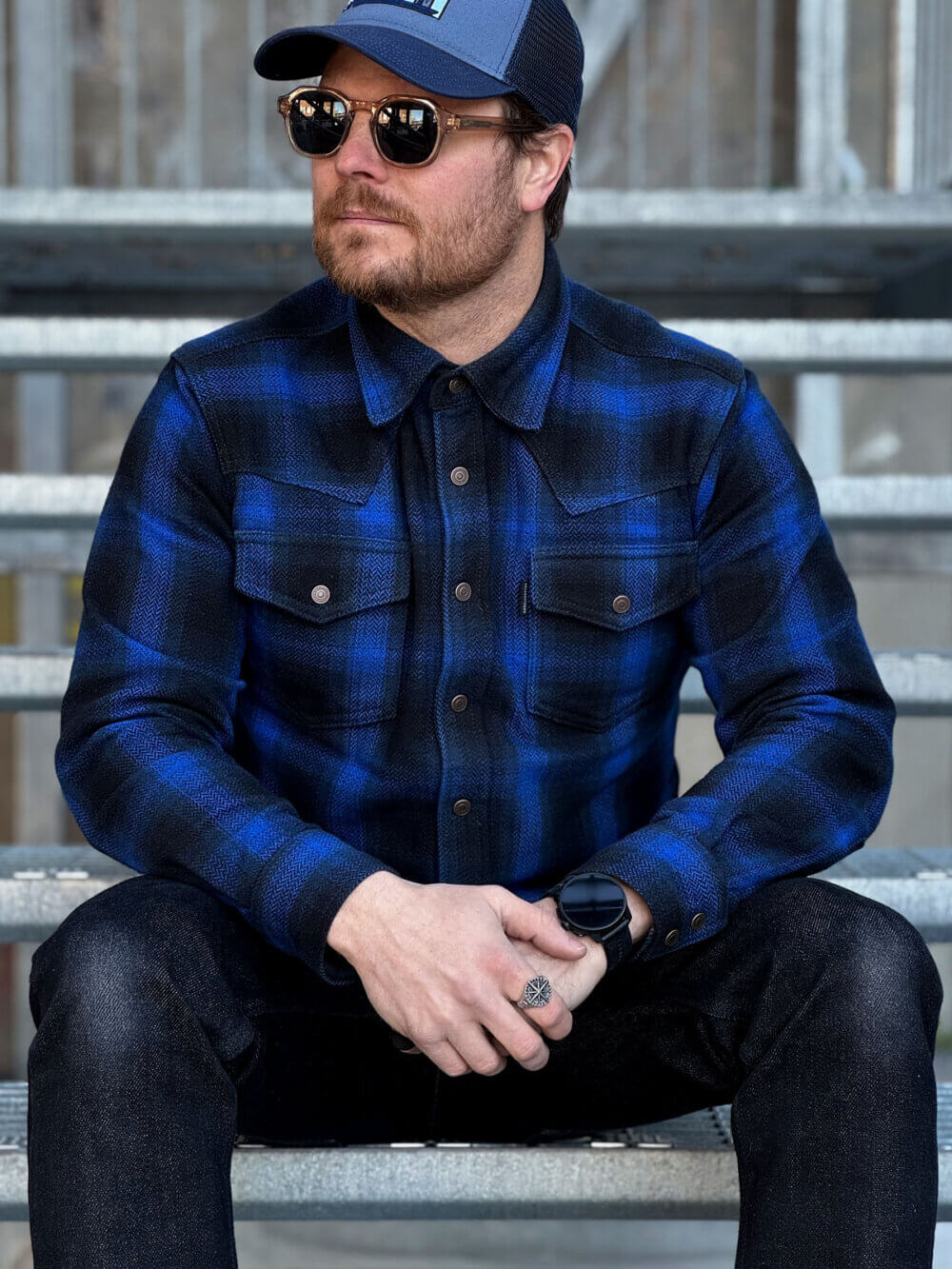 13.5oz Heavyweight Flannel Ombré Herringbone Shirt - Blue - Image 3
