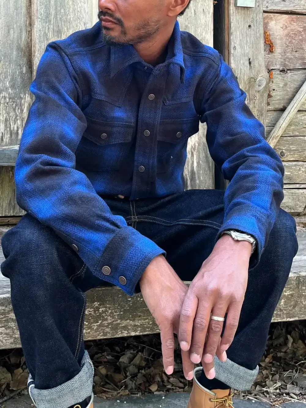 13.5oz Heavyweight Flannel Ombré Herringbone Shirt - Blue - Image 6
